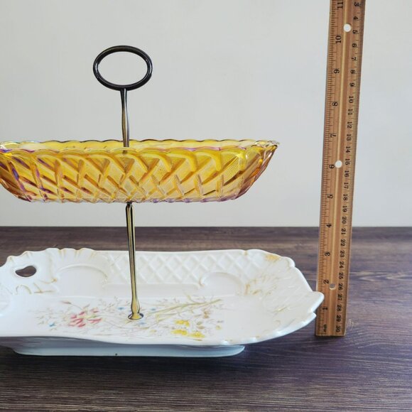 Unique Mismatched 2-Tiered Dessert Stand, Floral & Iridescent Orange Glass - Picture 10 of 16